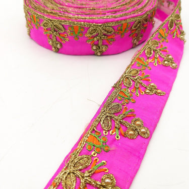 Fuchsia Pink Art Silk Trim In Orange And Gold Embroidery, Approx. 35mm wide, Decorative Trim